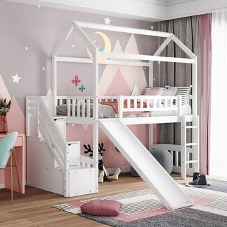 Loft Bed featuring House Frame and Integrated Slide