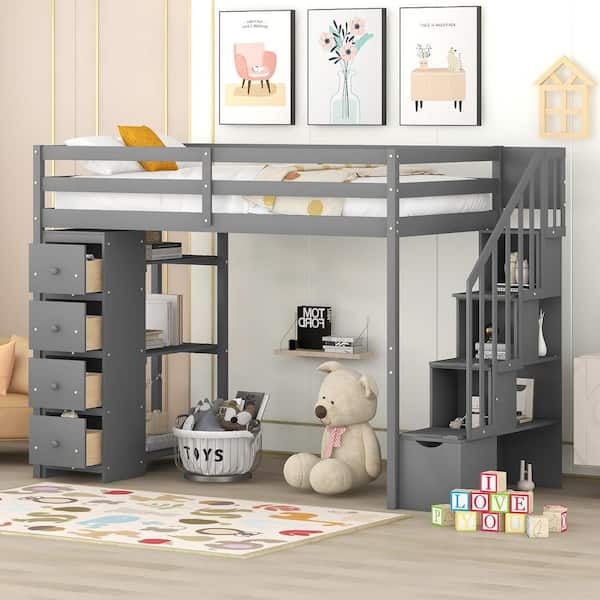 Loft Bed Gray Finish with Four Drawers Storage System
