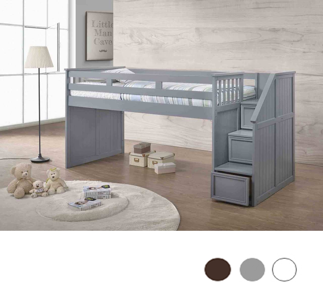 Loft Bed in Cool Grey with Integrated Staircase Storage