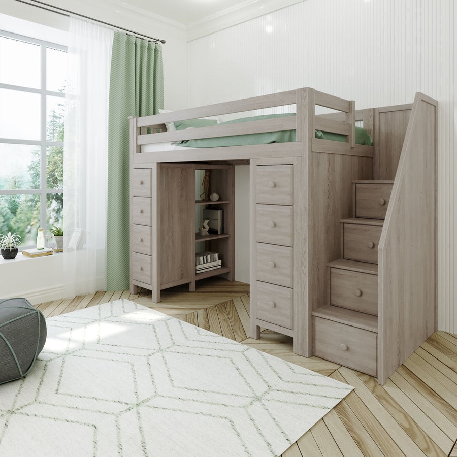 Loft Bed in Driftwood Grey with Dual Dresser Storage