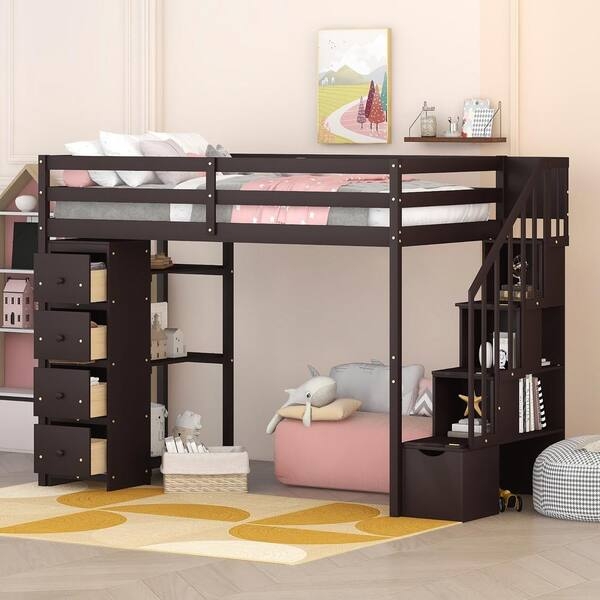 Loft Bed in Espresso Finish with Four Drawers and Stairs