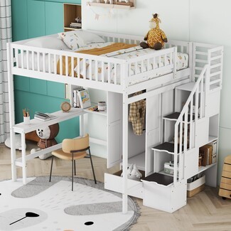 Loft Bed including Integrated Wardrobe and L-Shaped Desk