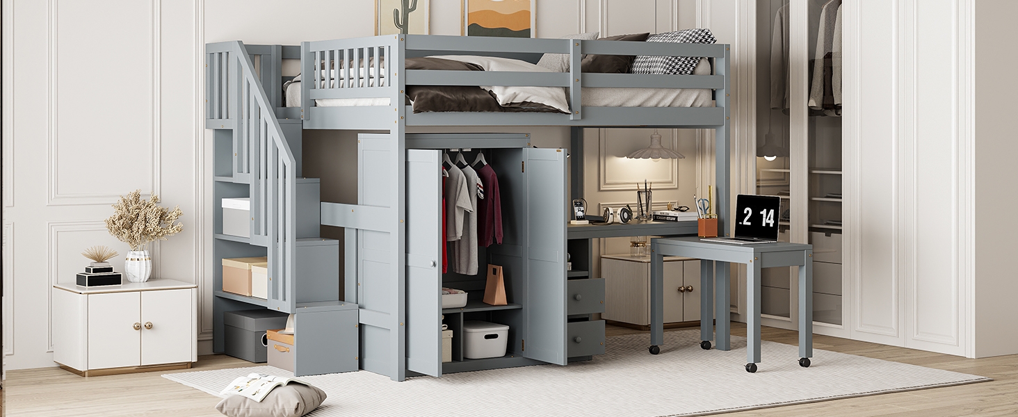 Loft Bed including Mobile Desk and Integrated Wardrobe