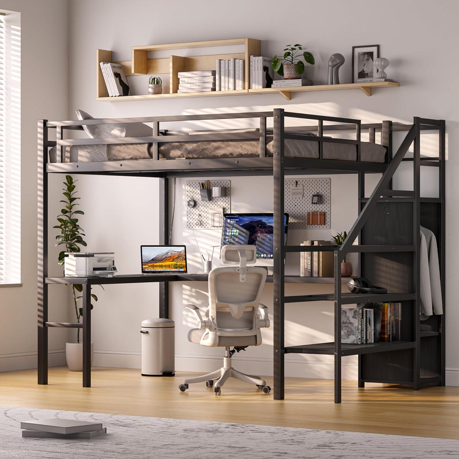 Loft Bed Integrated Closet Rod Charcoal Metal Frame
