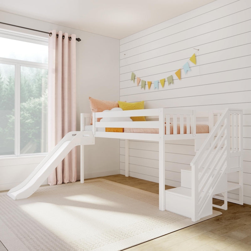 Loft Bed Integrated Slide and White Stairs for Kids
