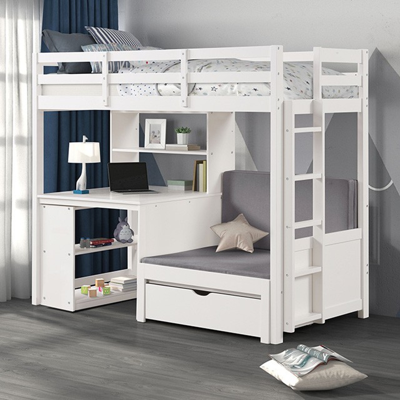 Loft Bed Integrated Workstation and Convertible Painted Lower Bed