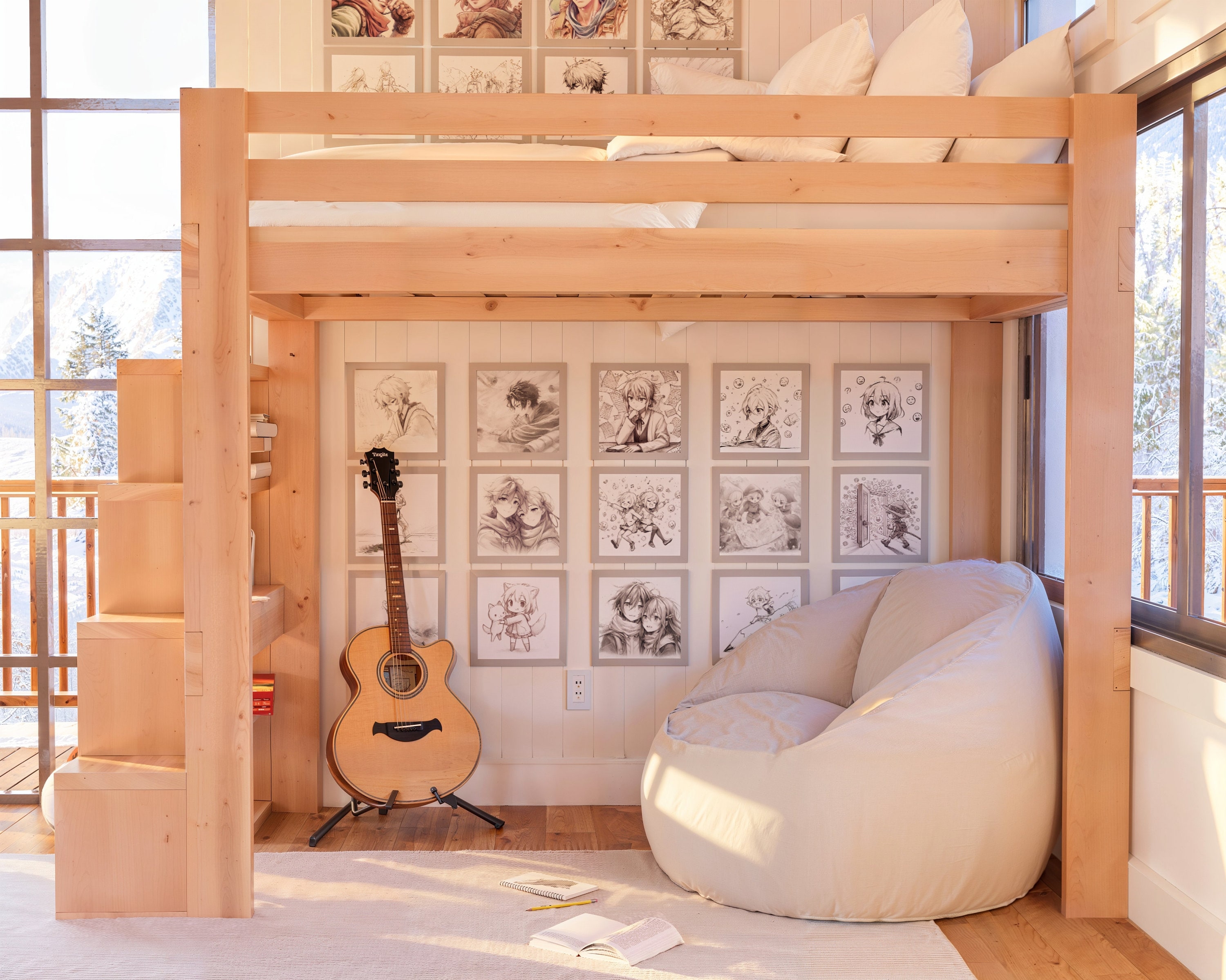 Loft Bed Light Wood Construction and Scandi Twin Bed