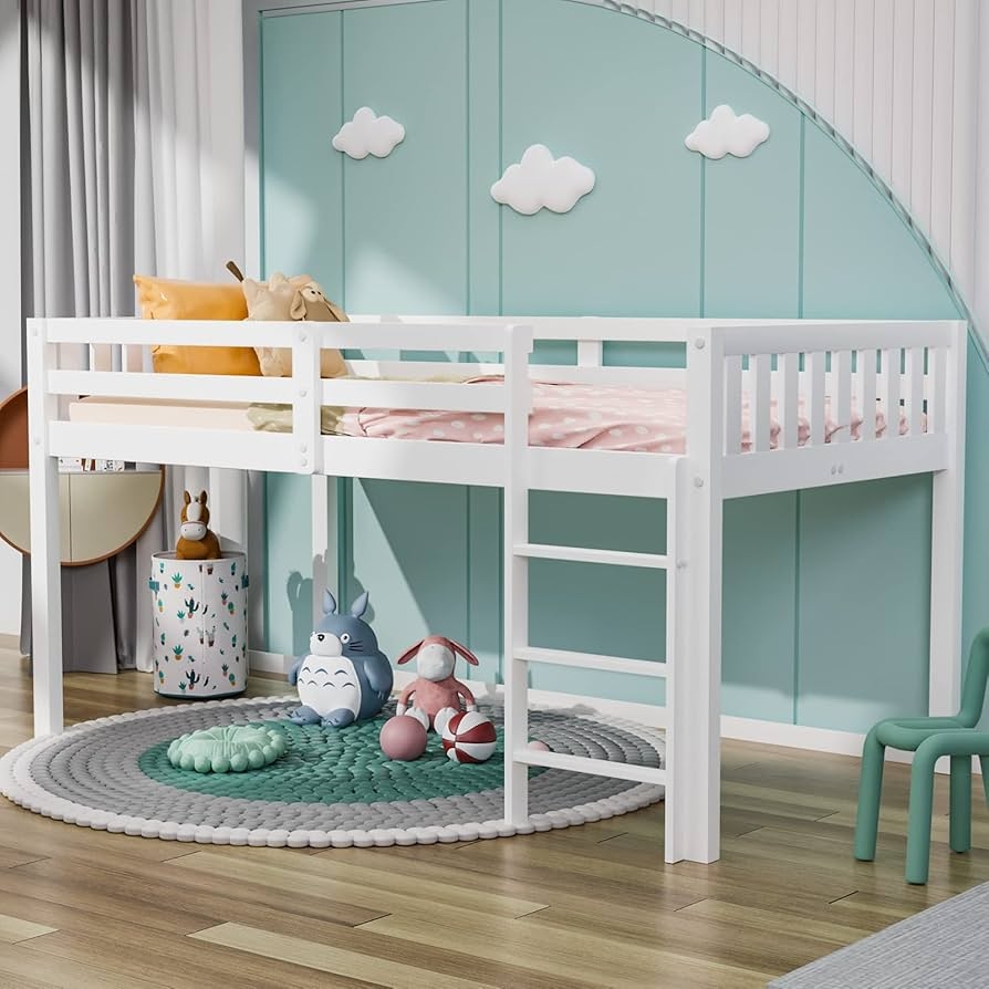 Loft Bed Low Loft Height with White Vertical Ladder