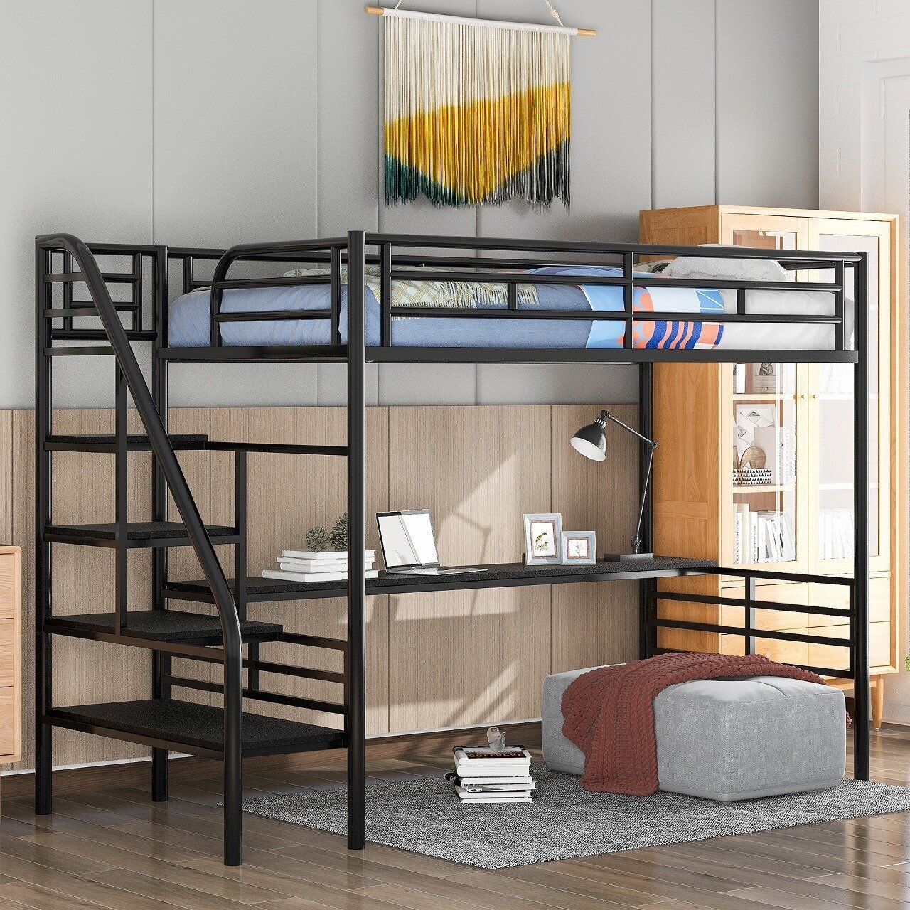 Loft Bed Matte Black Metal with Built-in Desk Workspace