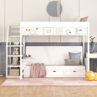 Loft Bed Matte White Finish and Convertible Storage Staircase