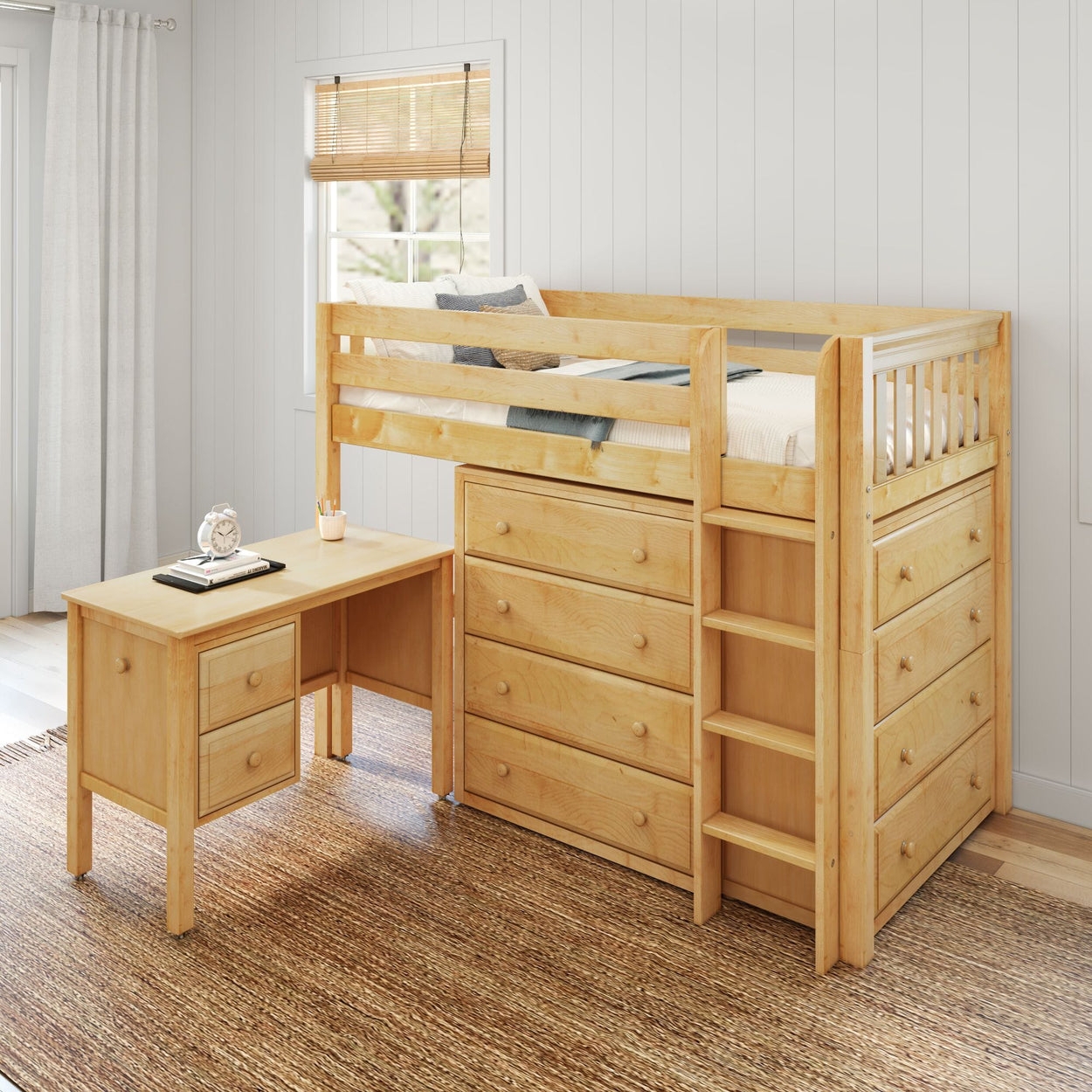 Loft Bed Natural Wood Mid-Height Kids Desk Dresser Set