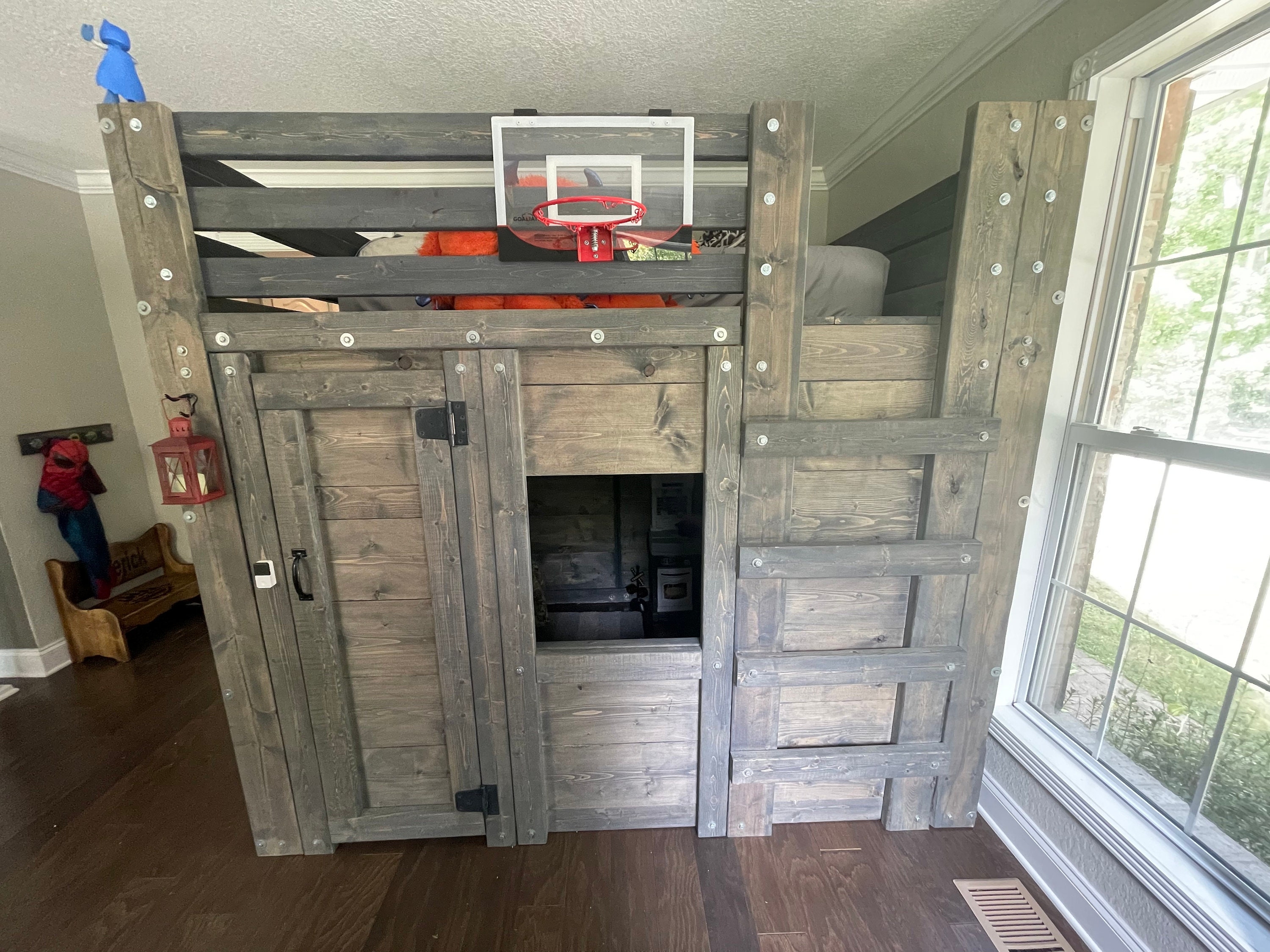 Loft Bed Playhouse Base with Weathered Gray Stain Design