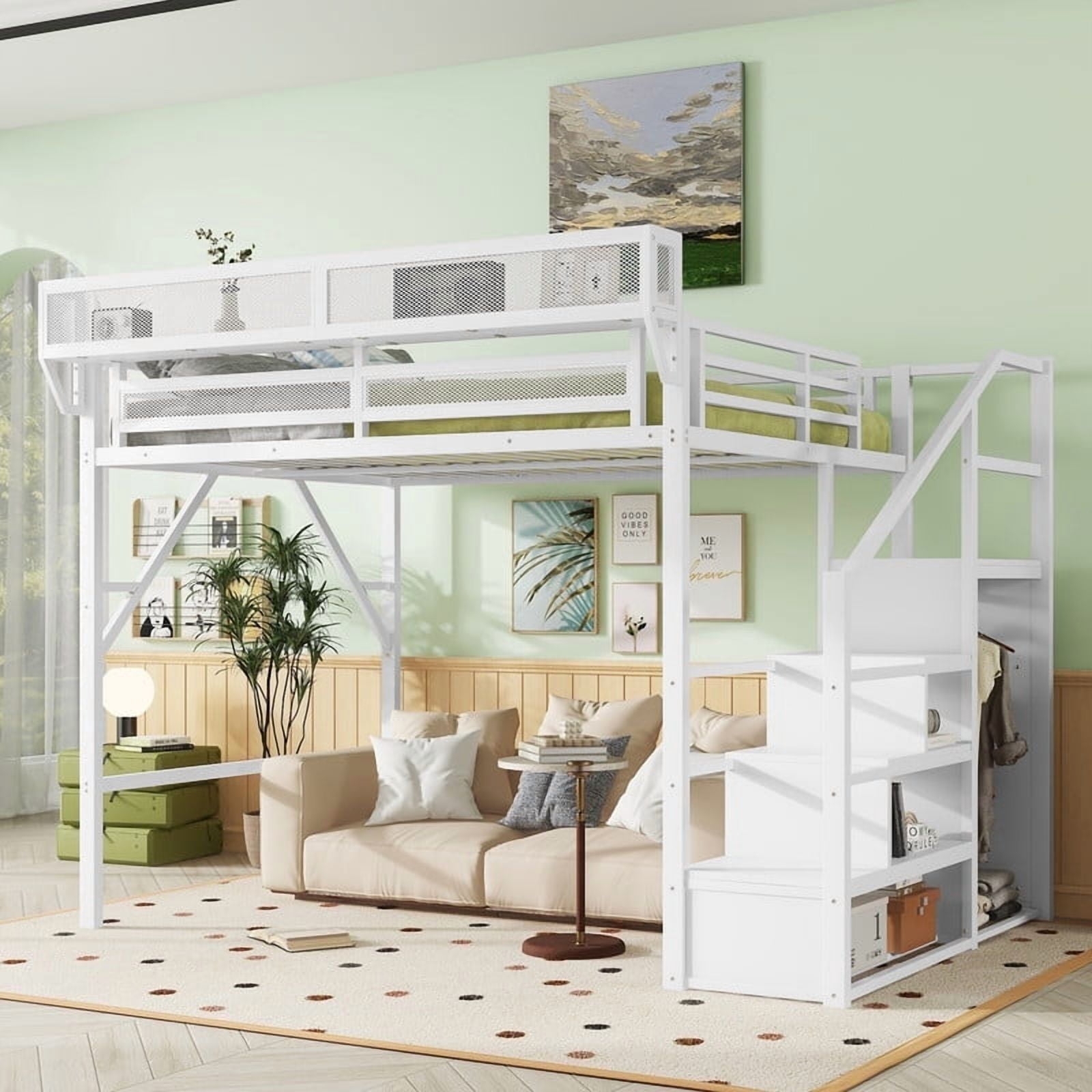 Loft Bed Queen Size Frame with Metal High Loft Design