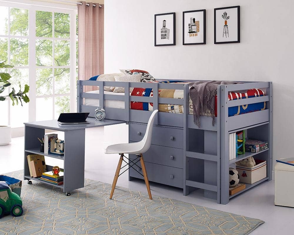 Loft Bed Slate Grey Rolling Workstation Kids Room Space Saving