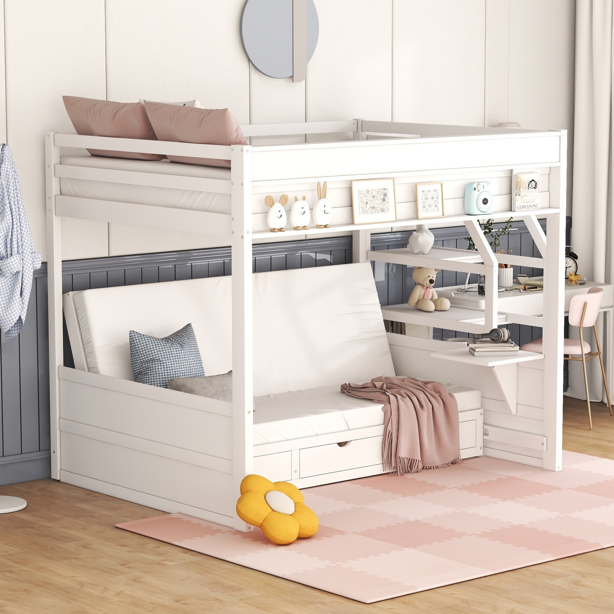 Loft Bed Triple Drawer Storage and White Convertible Sofa Base
