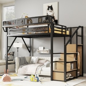 Loft Bed Wardrobe Rail and Black Metal Stairs for Kids