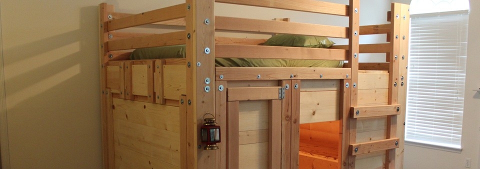 Loft Bed with Exposed Hardware and Enclosed Fort Base