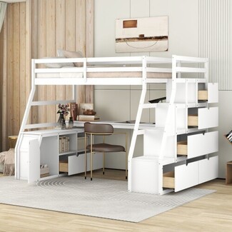 Loft Bed with Integrated Desk and Crisp White Surfaces