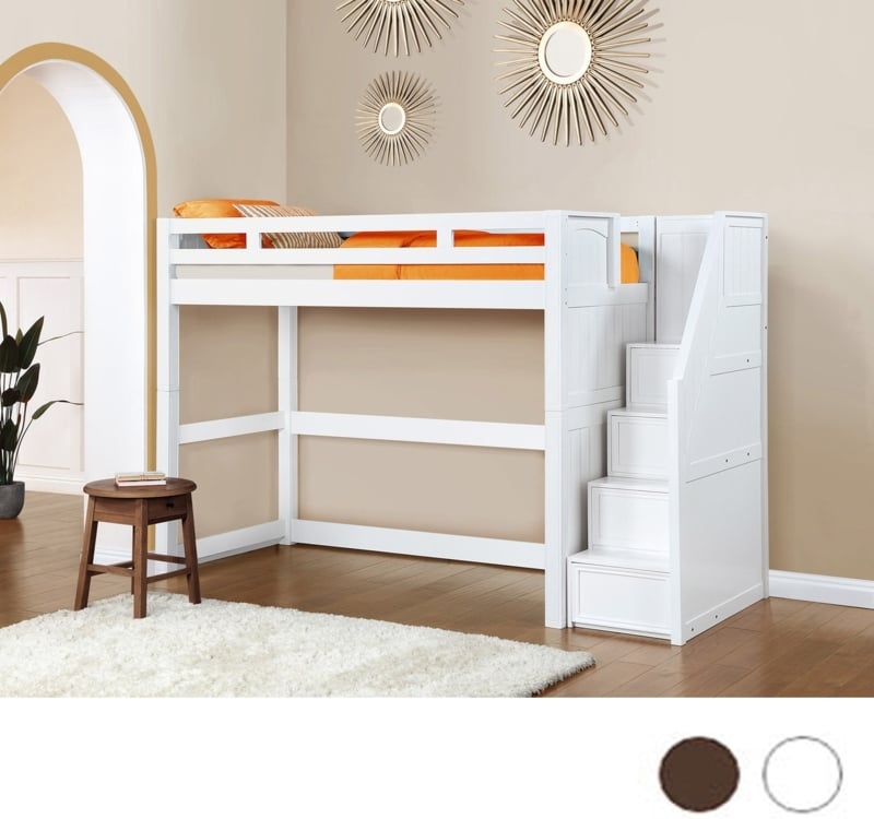 Loft Bed with Open Loft Base and White Integrated Stairs