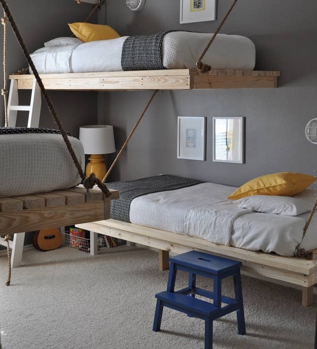 Loft Bed with Rope Suspension and Staggered Layout Wood