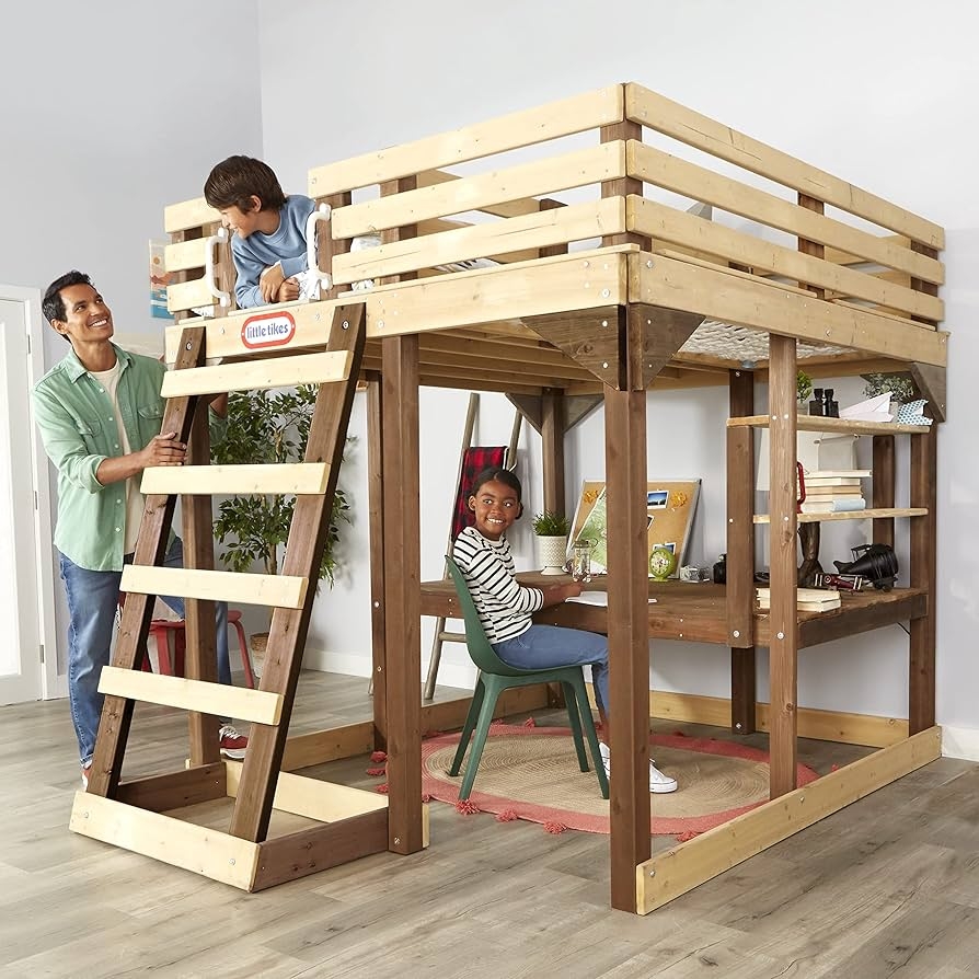 Loft Bed with Two Tone Wood and Integrated Study Nook