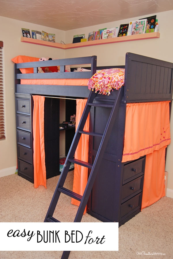 Loft Bed with Under Bed Fort and Navy Storage Drawers