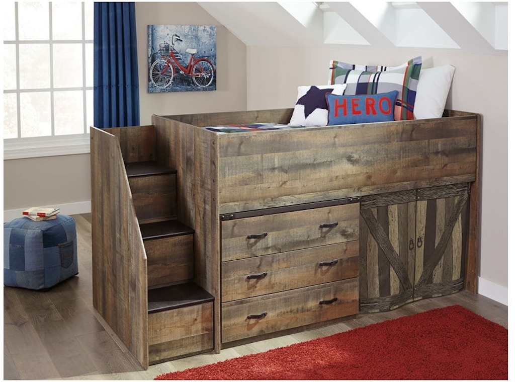 Loft Bed with Weathered Finish plus Barn Door Fabric