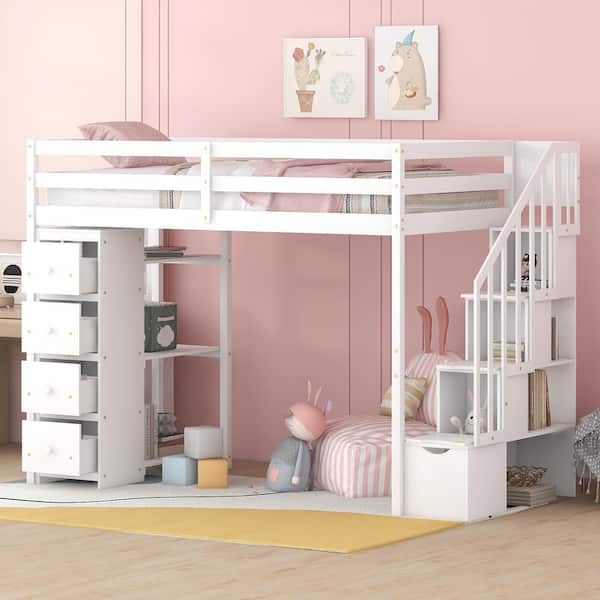 Loft Bed with White Finish and Built-In Drawers Storage