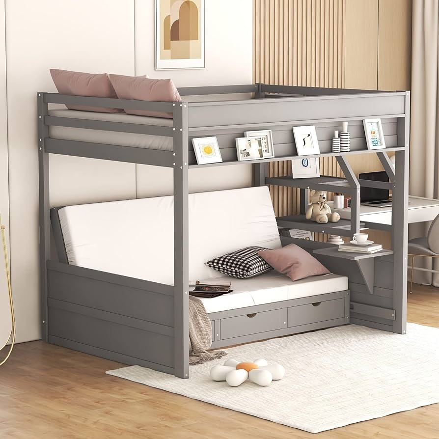 Loft Bunk Bed Integrated Side Table and Gray Storage Drawers