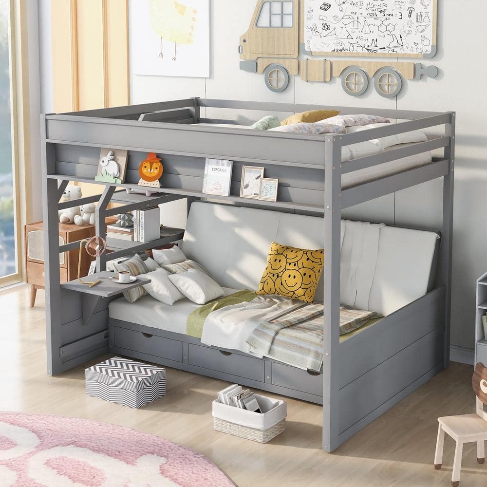 Loft Bunk Bed With Convertible Sofa Base and Integrated Desk Tray