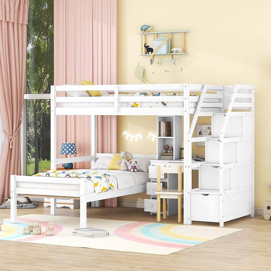 Loft Bunk Bed with L-Shaped Convertible Desk System