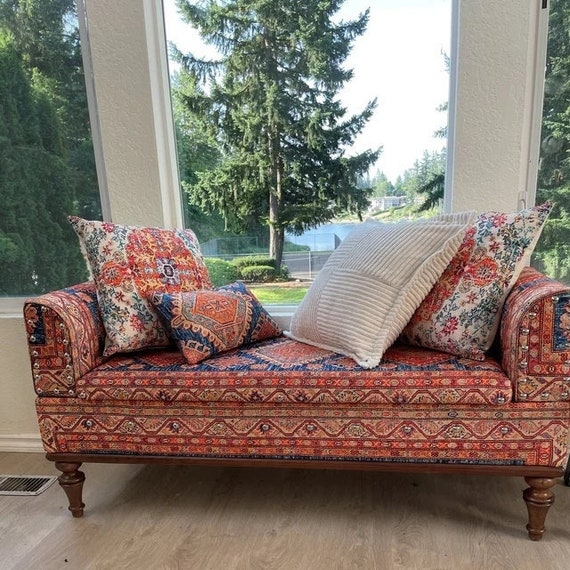 Lounge Bench with Turned Legs and Kilim Upholstered Seat