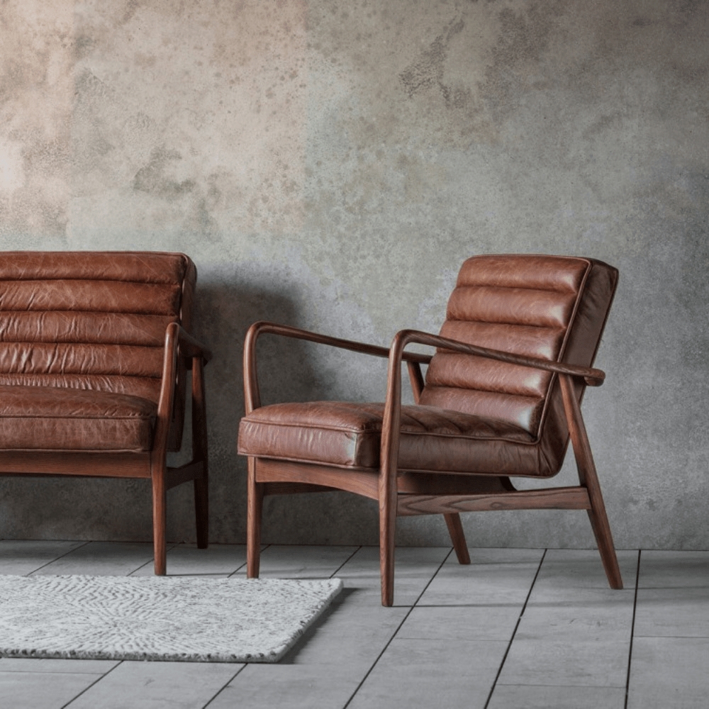 Lounge Chair Channel Tufting Cognac Leather Lounge Chair