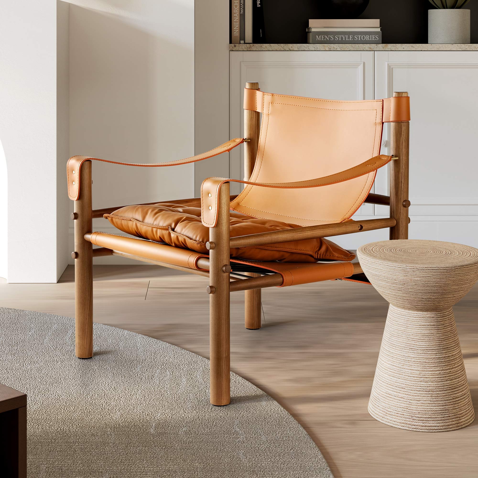 Lounge Chair Leather Strap Arms Sling Back Lounge Chair