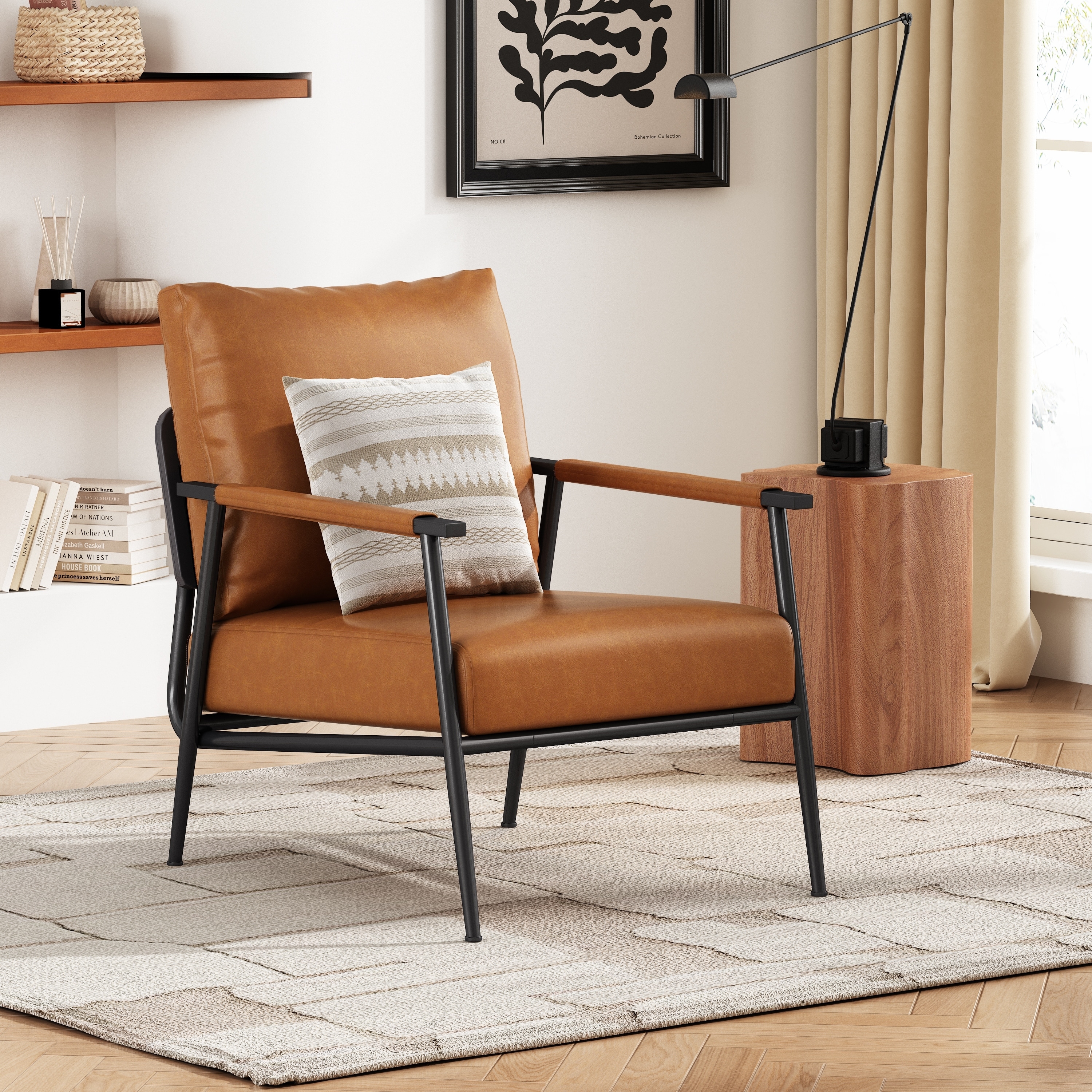 Lounge Chair Wood Arm Caps Industrial Iron Frame
