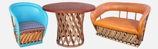 Lounge Furniture Set: Pigskin Leather Accent Pieces Blue