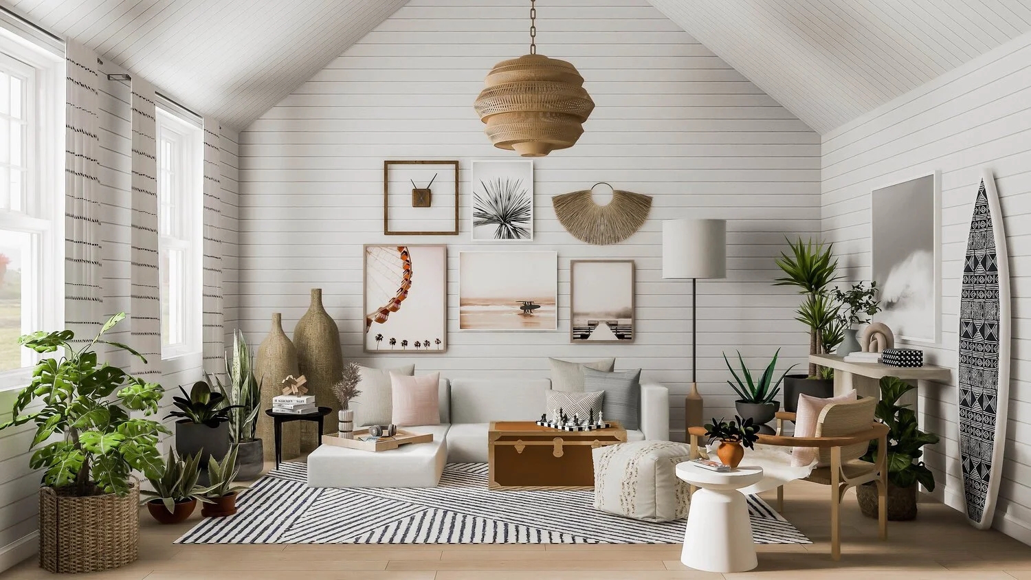 Lounge Room Coastal Boho Attic Sloped Ceiling Shiplap Walls