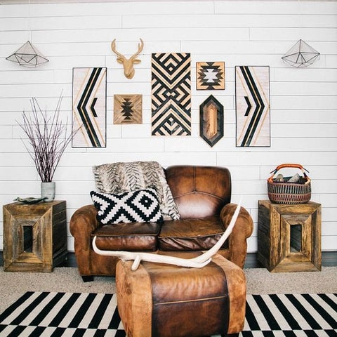 Lounge Seating: Saddle Brown Seating and Tribal Pattern Accents