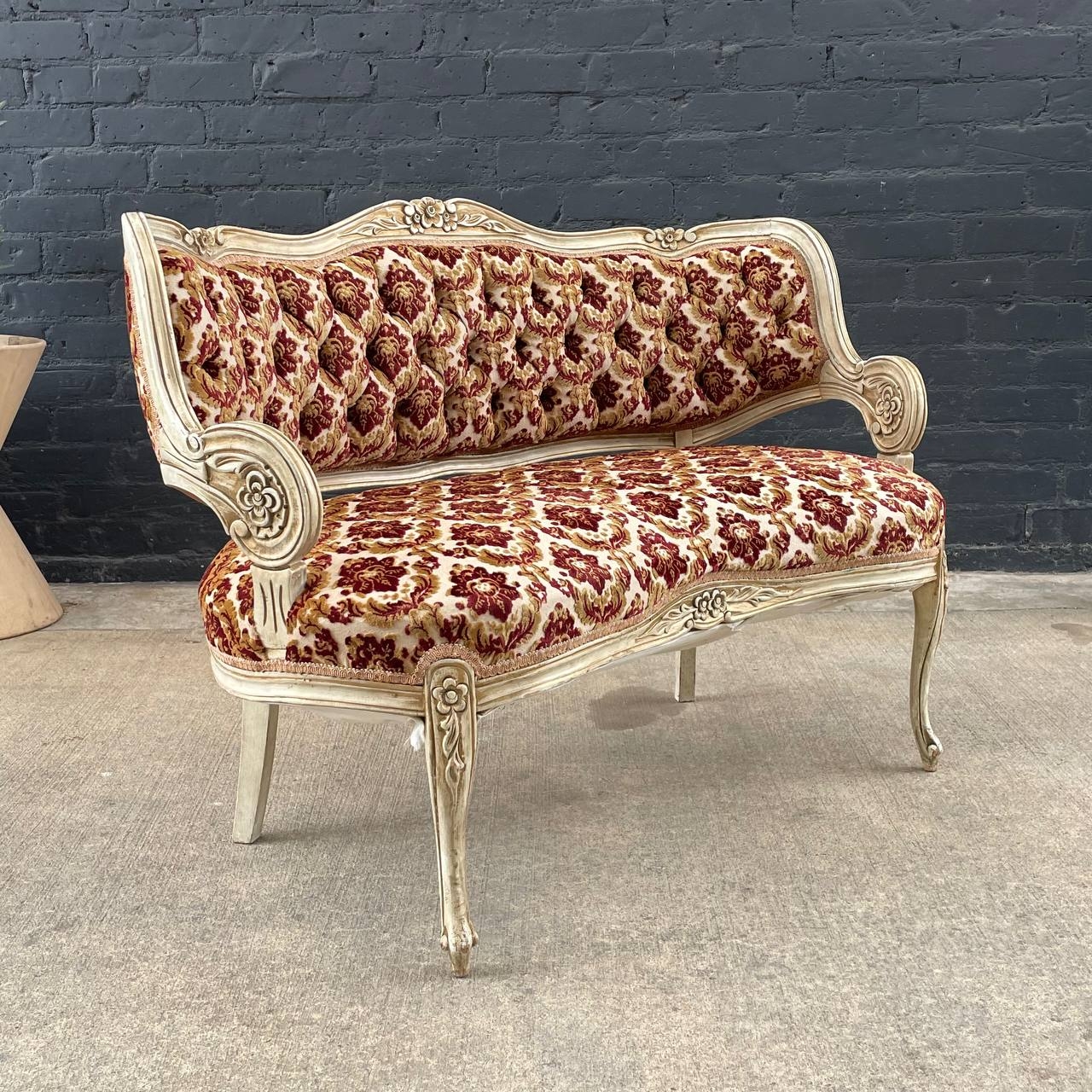 Love Seat Burgundy Damask Carved Wood Antique Settee