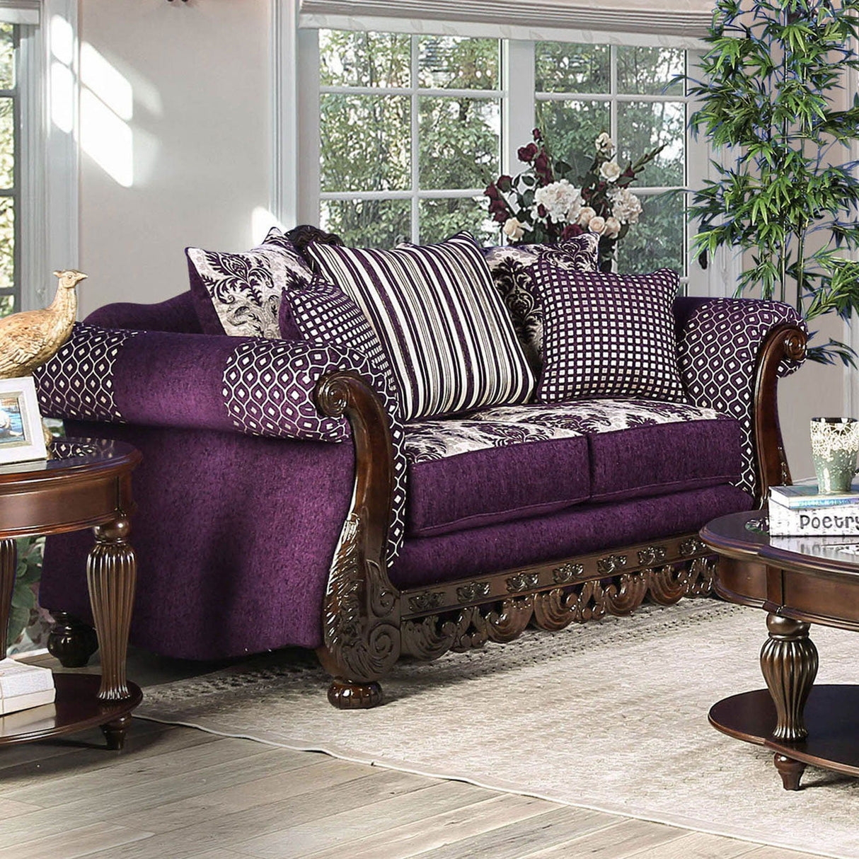 Loveseat Deep Purple Ornate Carvings and Mixed Patterns