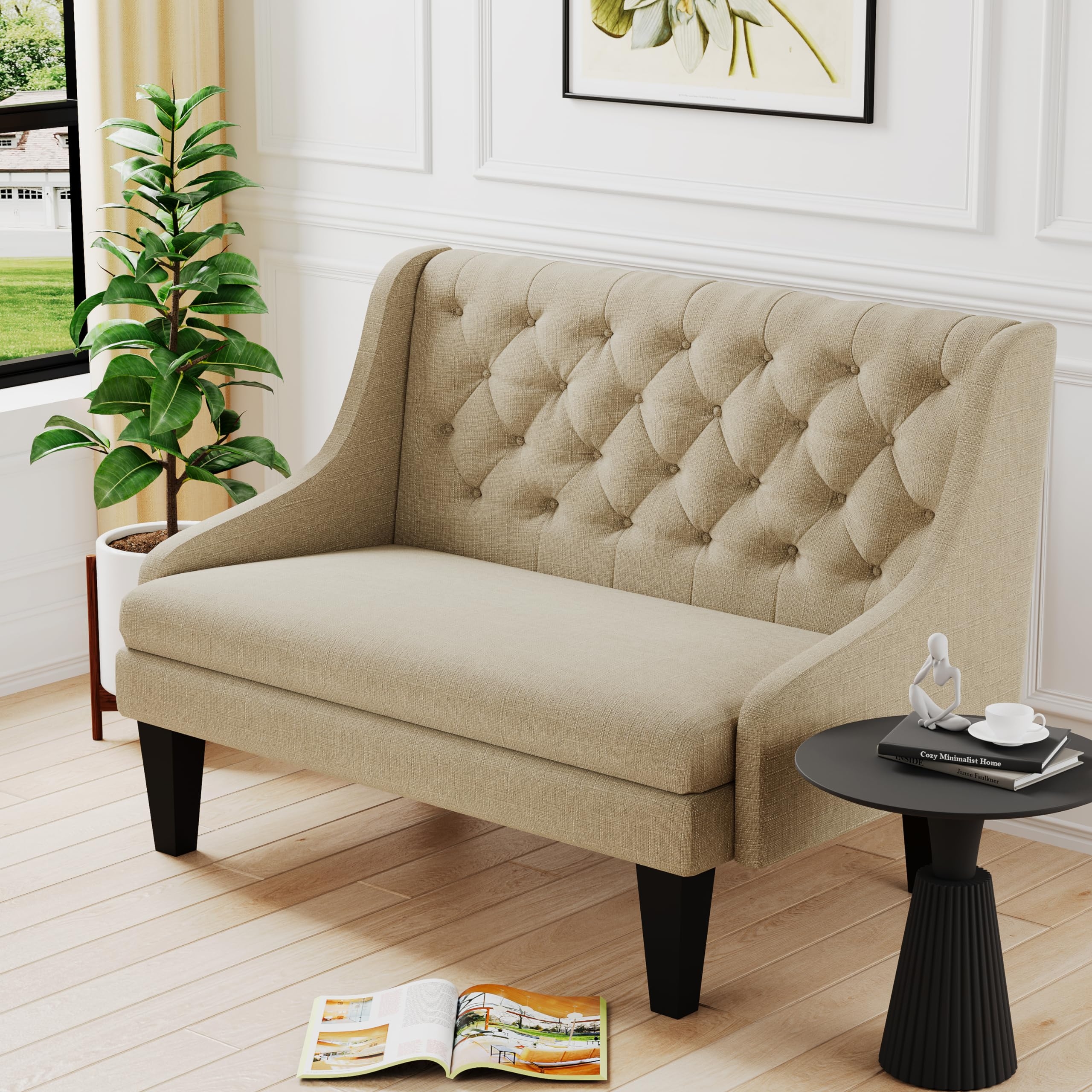 Loveseat Settee Upholstered Sloping Arms and Tan Settee