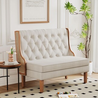 Loveseat Settee with Rattan Cane Arms Beige Banquette Bench