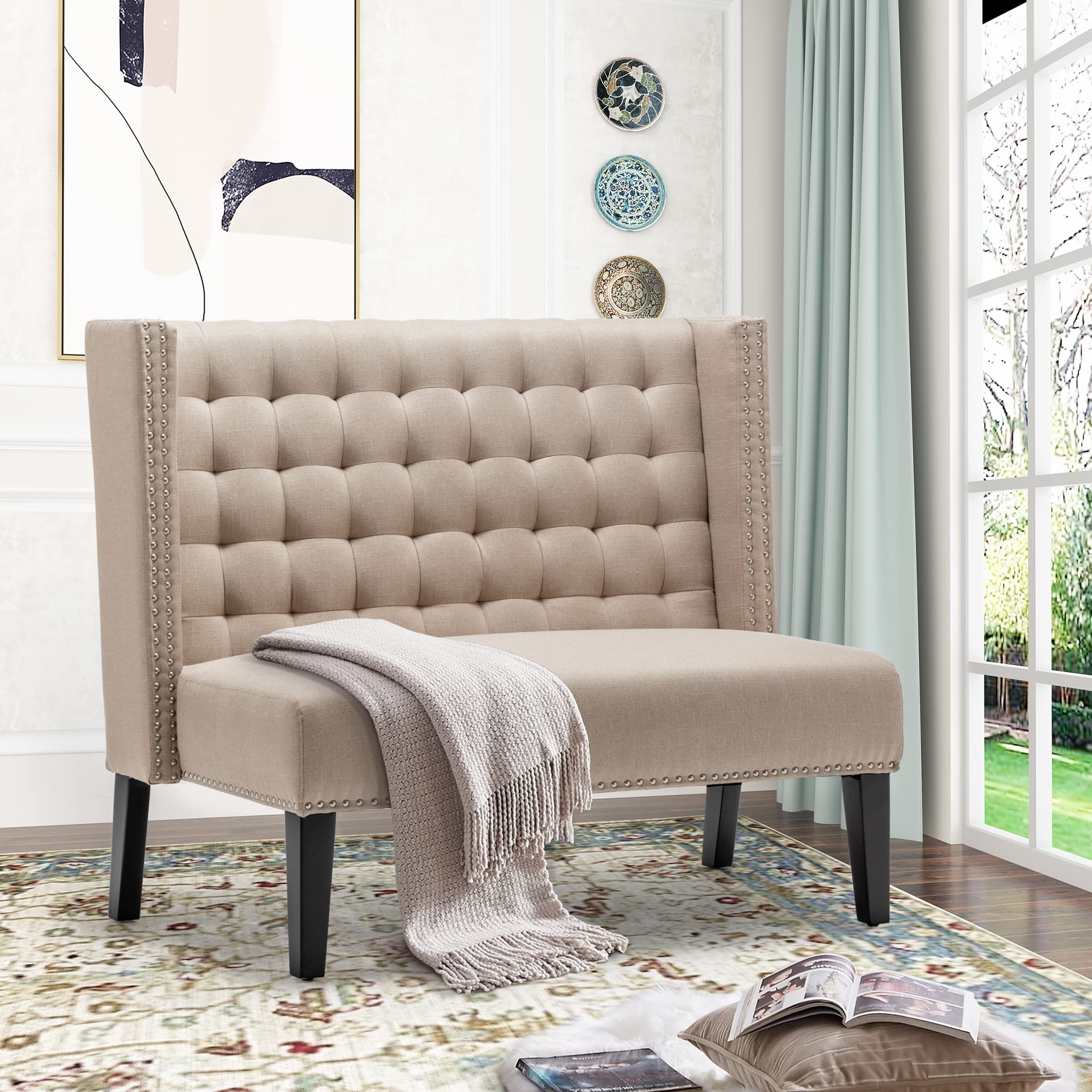 Loveseat Settee with Wingback Sides Khaki Tufted Bench