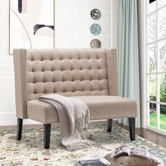 Loveseat Settee with Wingback Sides Khaki Tufted Bench