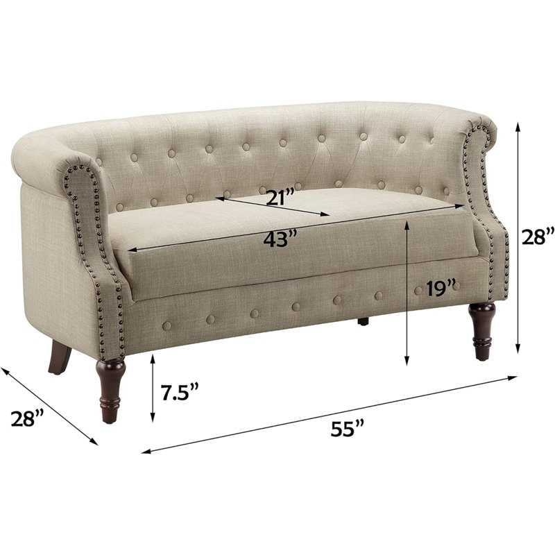 Loveseat Sofa Beige Nailhead Settee 55 Inch Width Tufting