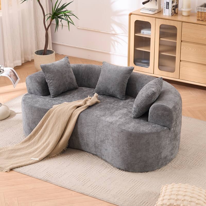 Loveseat Sofa in Gray Chenille Fabric and Low Floor Design