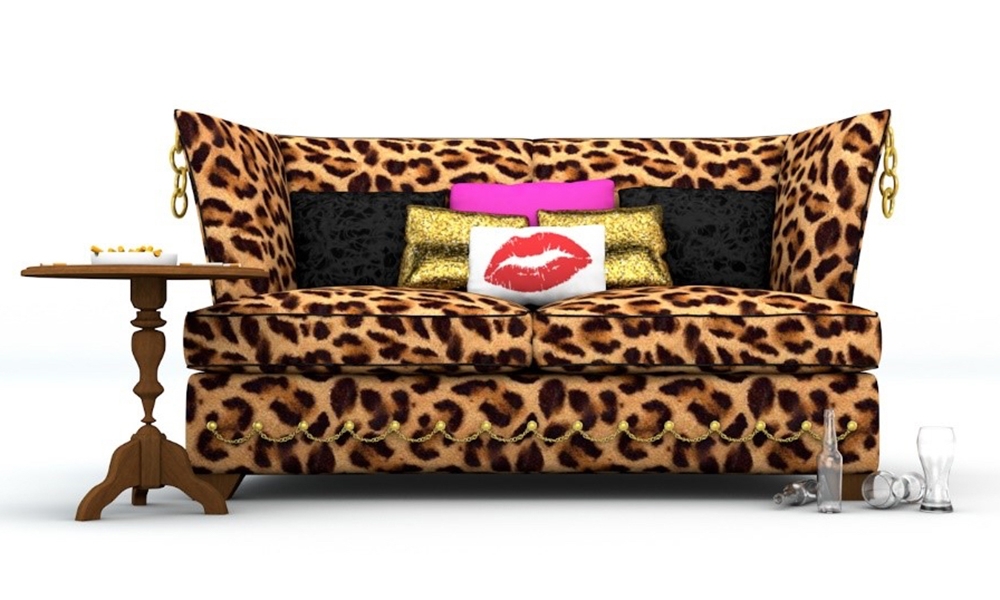 Loveseat Sofa with Gold Chain Swag and Kitsch Living Room Decor