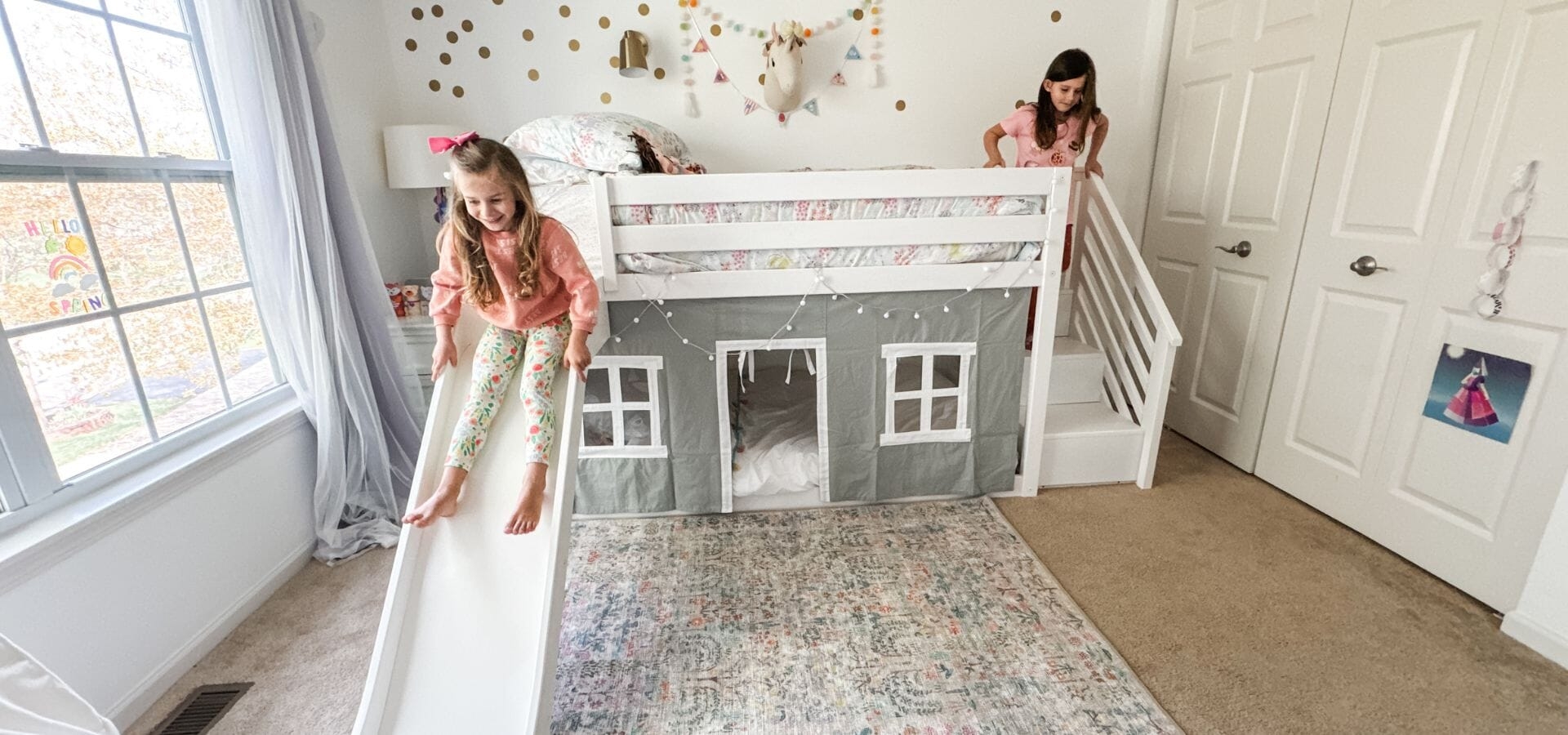 Low Bunk Bed Including Attached Slide and Built-in Stairs
