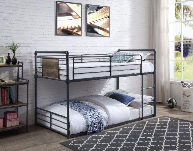 Low Bunk Bed Incorporating Pipe Joint Details and Industrial Base
