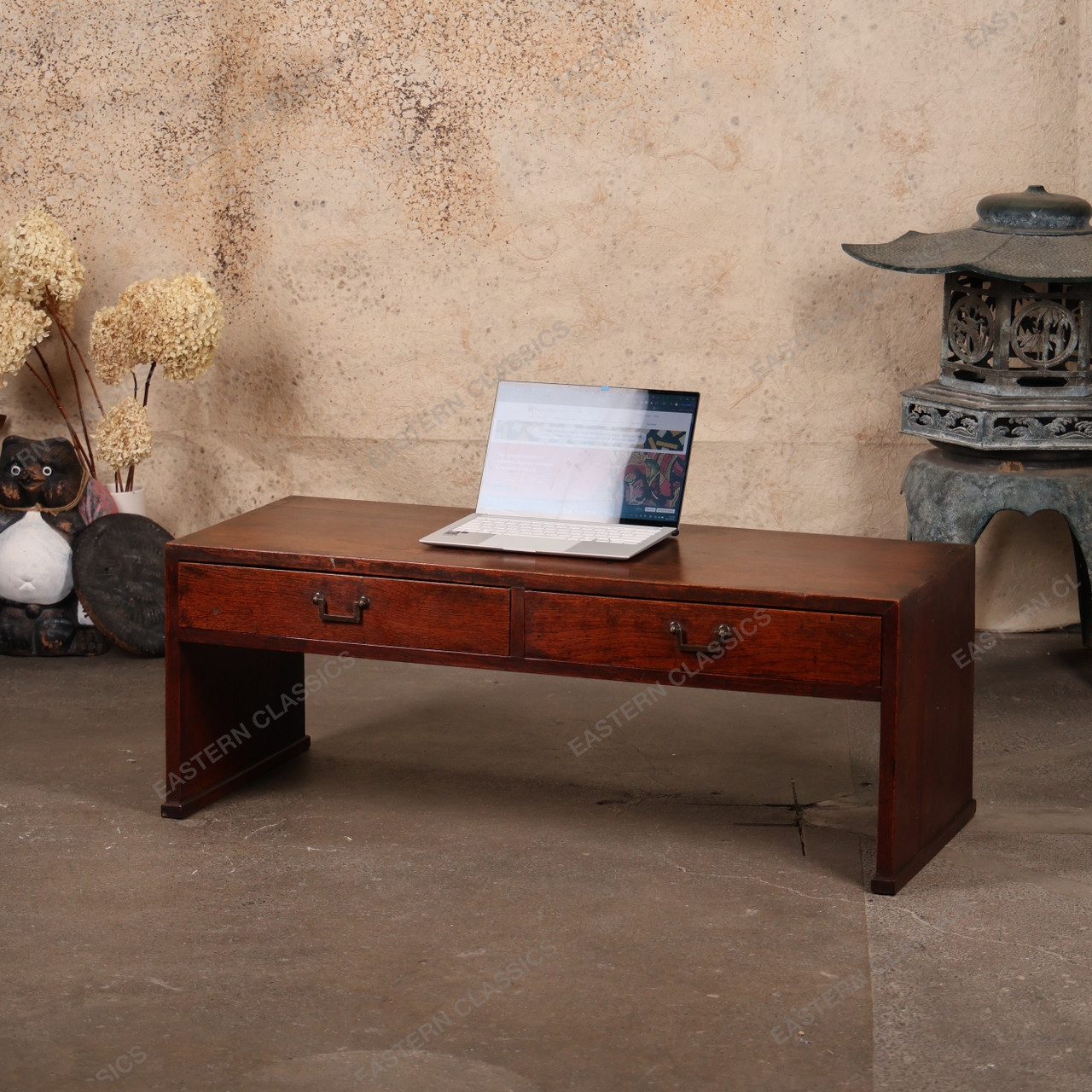 Low Desk Vintage Patina Metal Hardware Antique Table